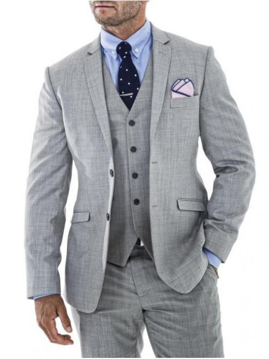 Customized three piece suit with single breasted V-cut waistcoat