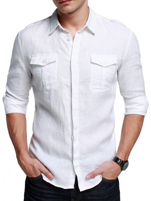 High Band China Mandarin Collar White 100% Cotton Dress Shirt Men Hidden  Placket